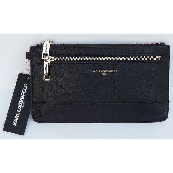 Karl Lagerfeld Paris Double Zip Wallet Wristlet Clutch Black Leather - Picture 1 of 6